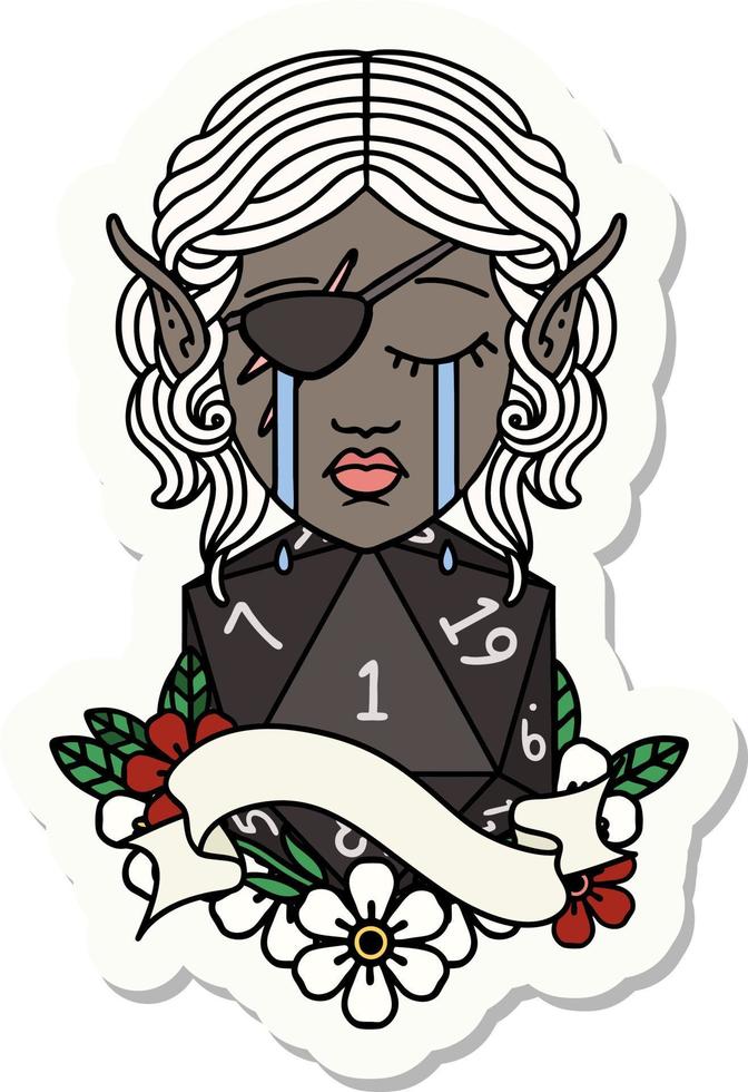 sticker of a crying elf rogue character face with natural one D20 roll vector
