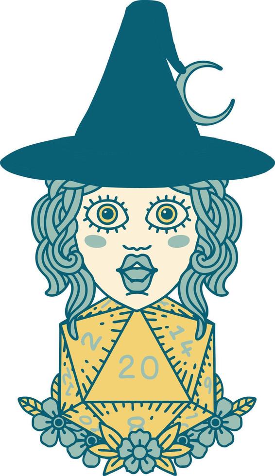 Retro Tattoo Style human witch with natural twenty dice roll vector