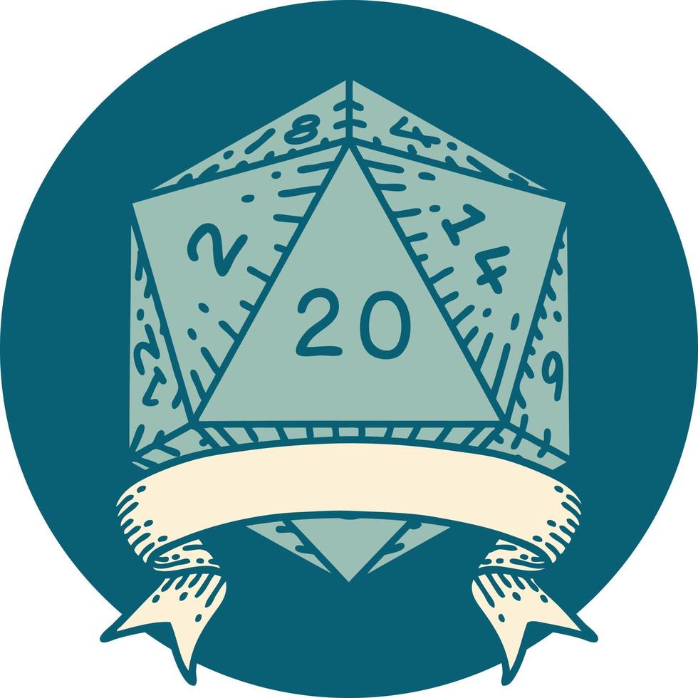 estilo de tatuaje retro natural 20 golpe crítico d20 tirada de dados vector