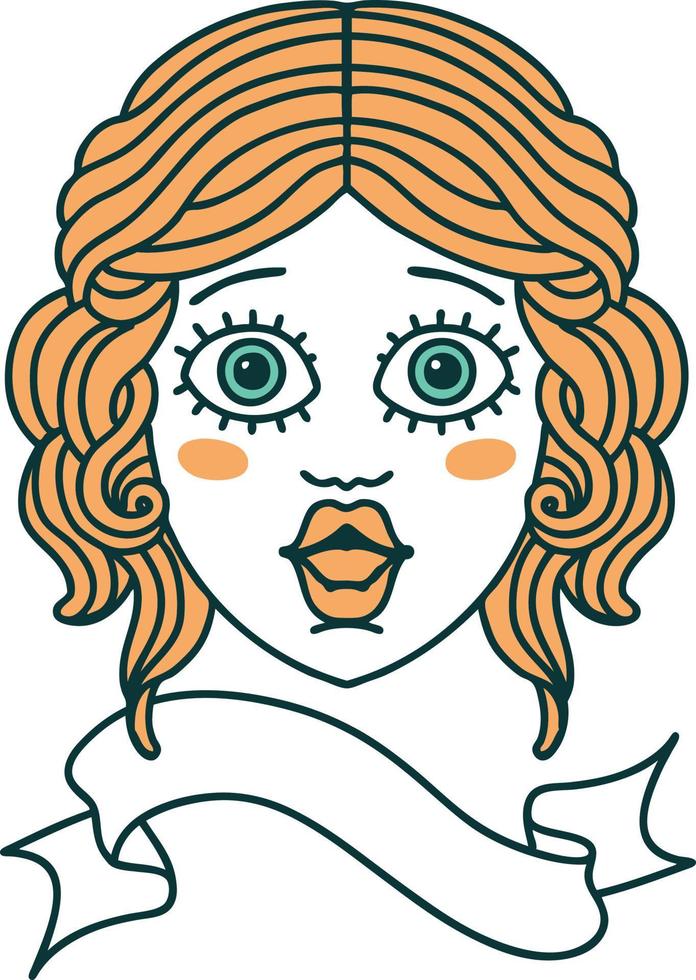 tatuaje tradicional con pancarta de rostro femenino vector