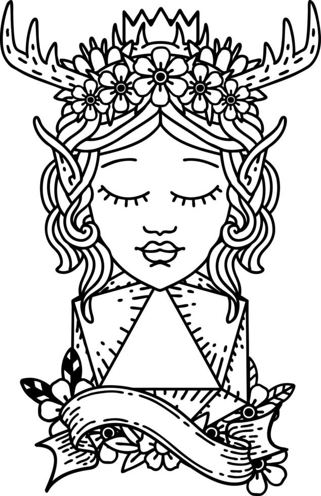 Black and White Tattoo linework Style elf druid character with natural twenty dice roll vector