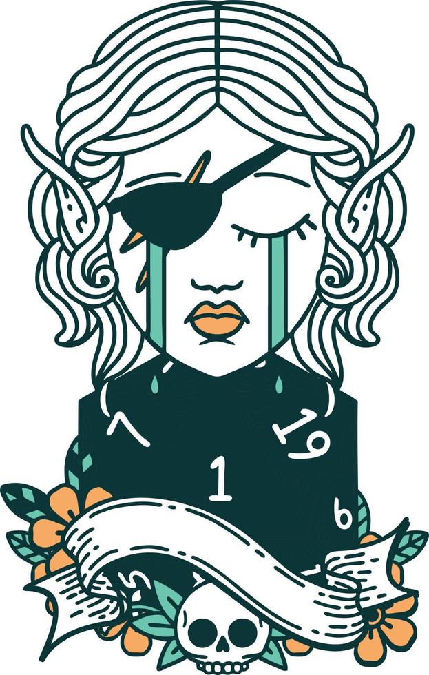 Retro Tattoo Style sad elf rogue character face with natural one d20 roll vector