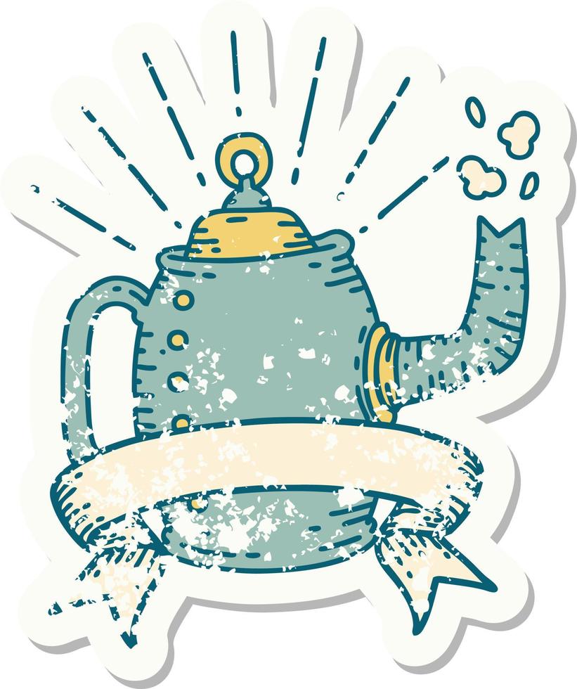 worn old sticker of a tattoo style old coffee pot steaming vector