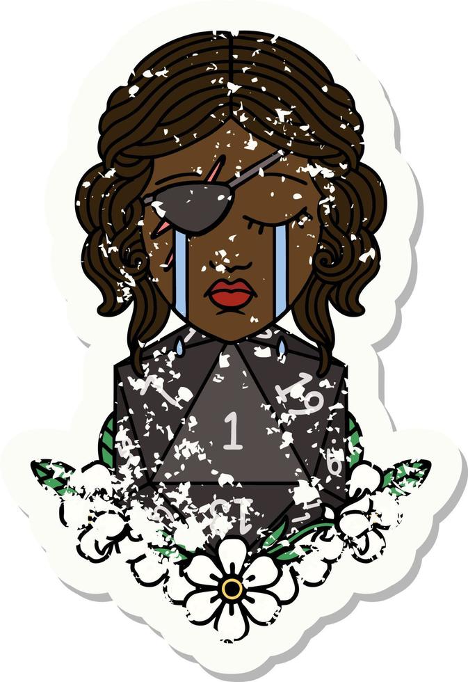 Retro Tattoo Style crying human rogue with natural one d20 roll vector