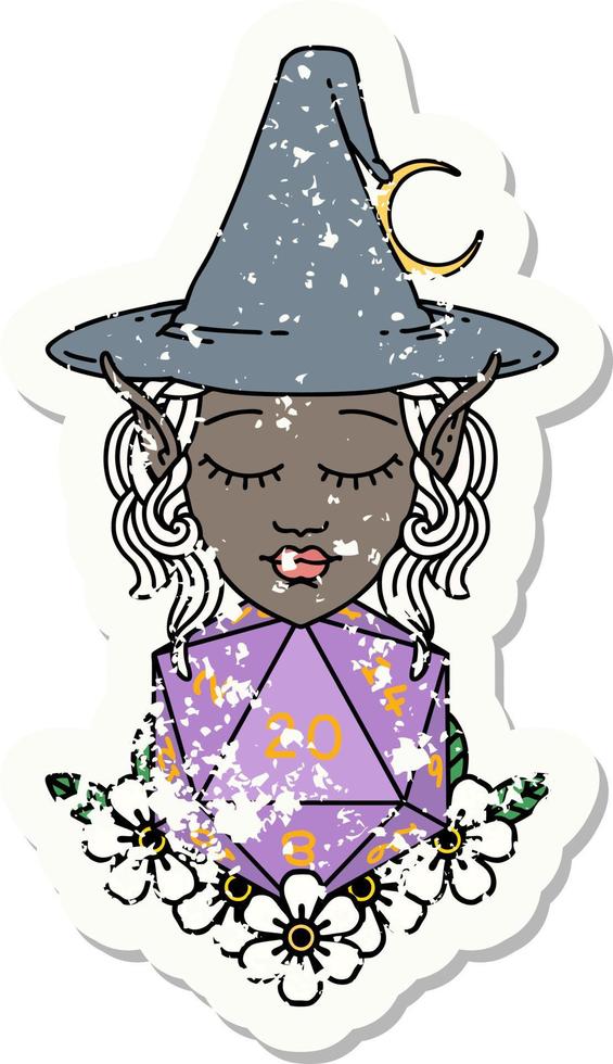 Retro Tattoo Style elf mage character with natural twenty dice roll vector