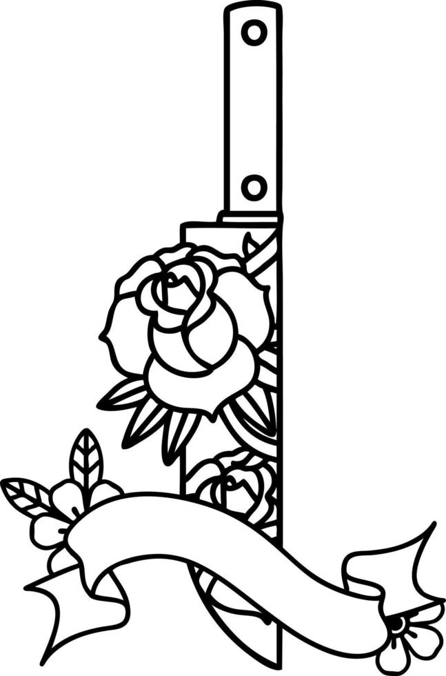 traditional black linework tattoo with banner of a dagger and flowers vector