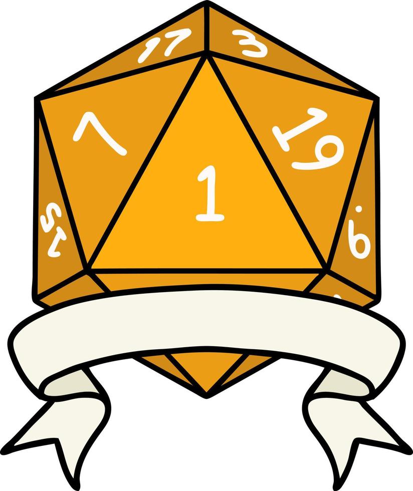 Retro Tattoo Style natural one d20 dice roll vector