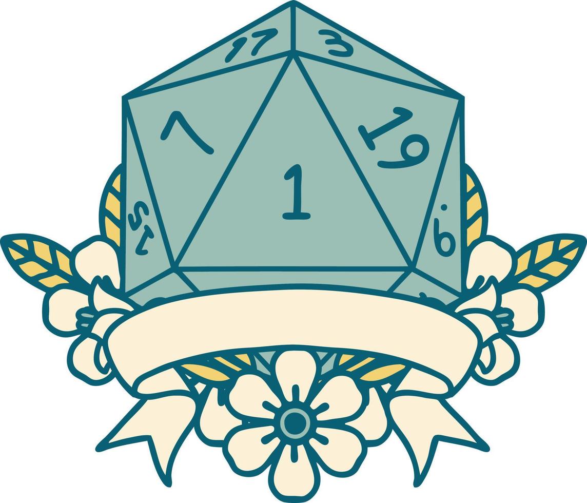 Retro Tattoo Style natural one d20 dice roll vector