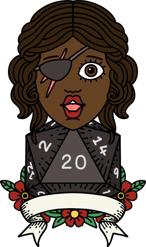Retro Tattoo Style human rogue with natural 20 dice roll vector