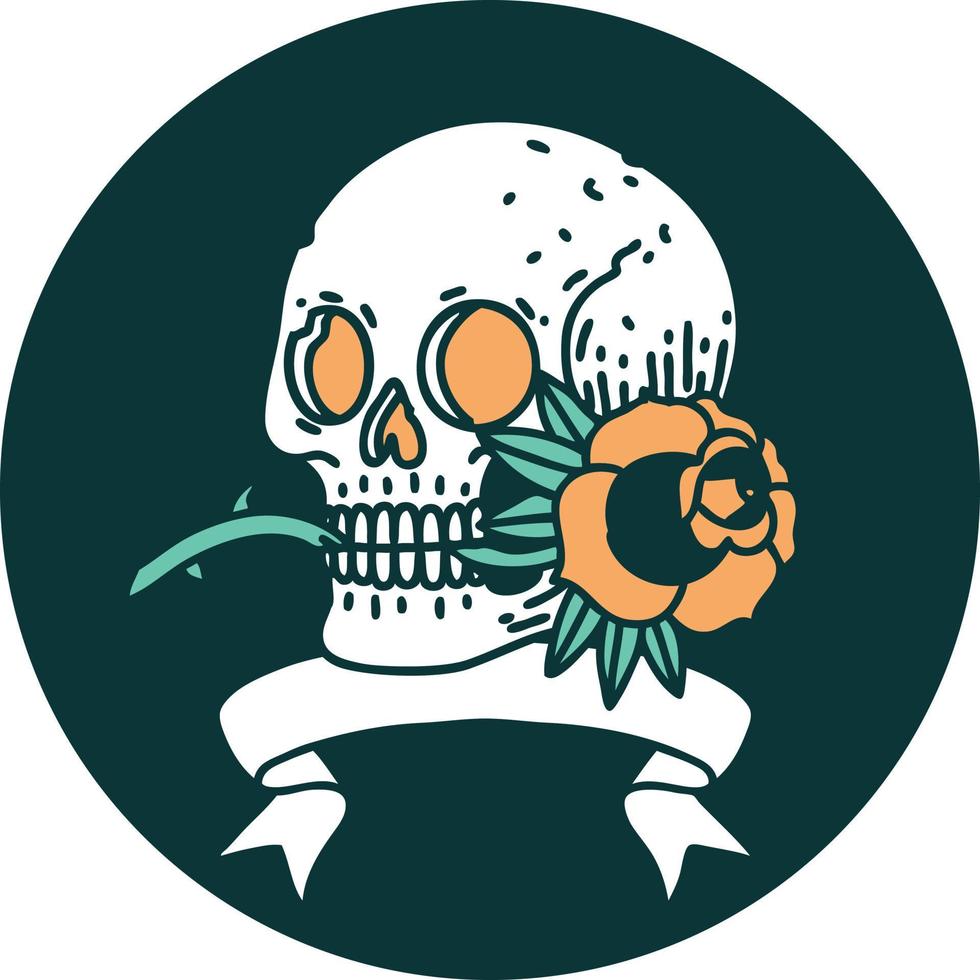 tattoo style icon with banner of a skull and rose vector