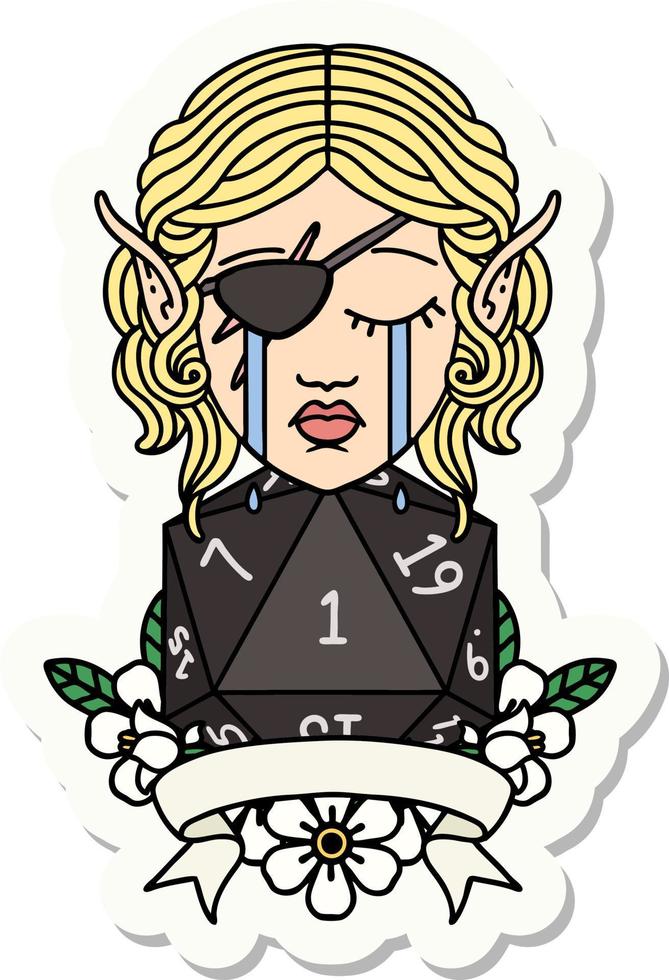 sticker of a crying elf rogue character with natural one D20 roll vector