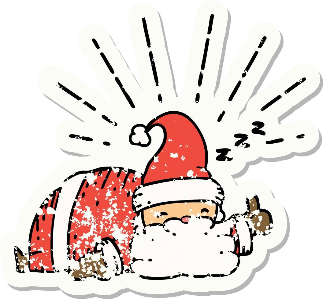 worn old sticker of a tattoo style santa claus christmas character sleeping vector