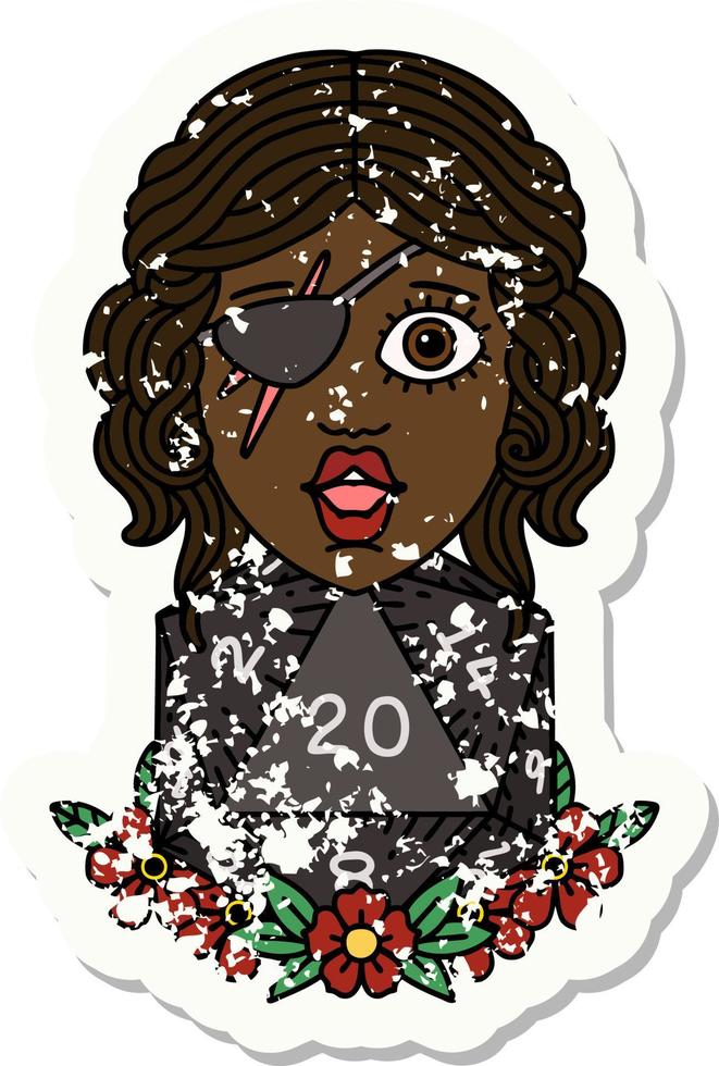 grunge sticker of a human rogue with natural twenty dice roll vector