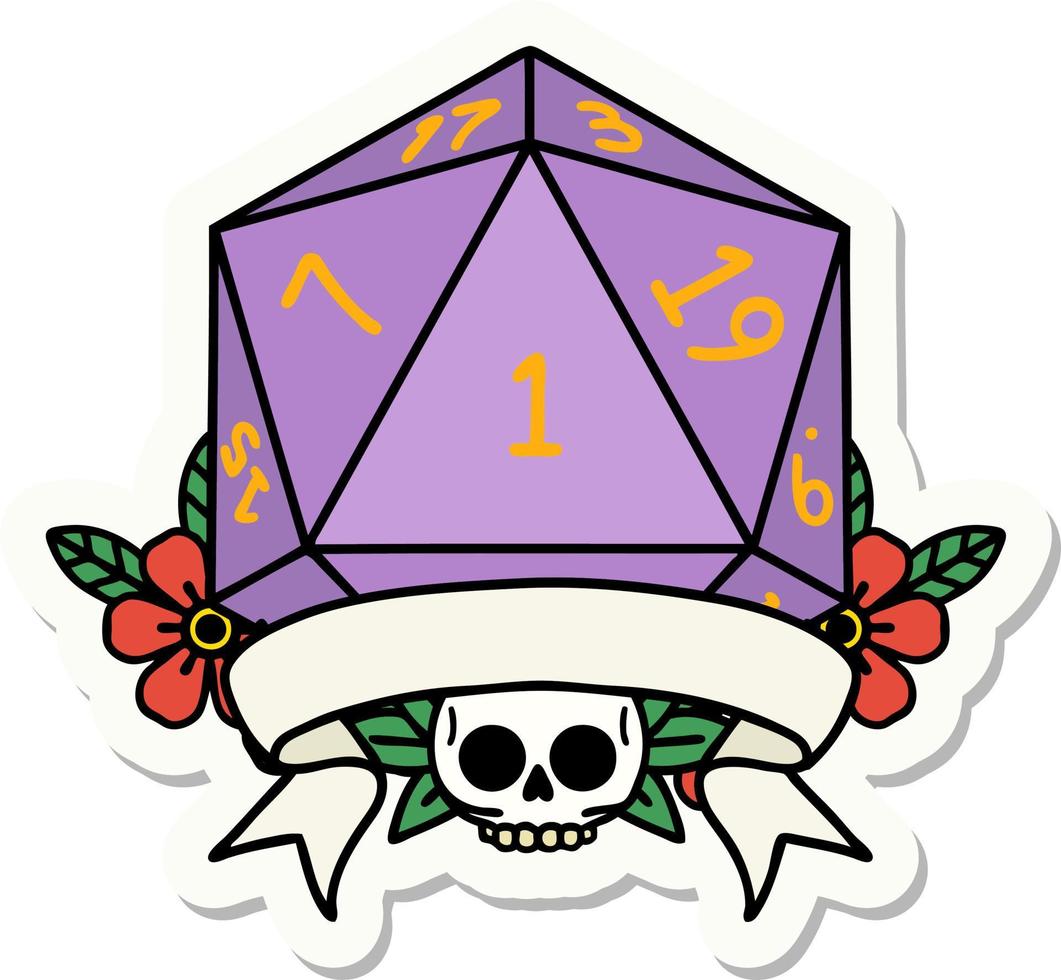 sticker of a natural one d20 dice roll vector