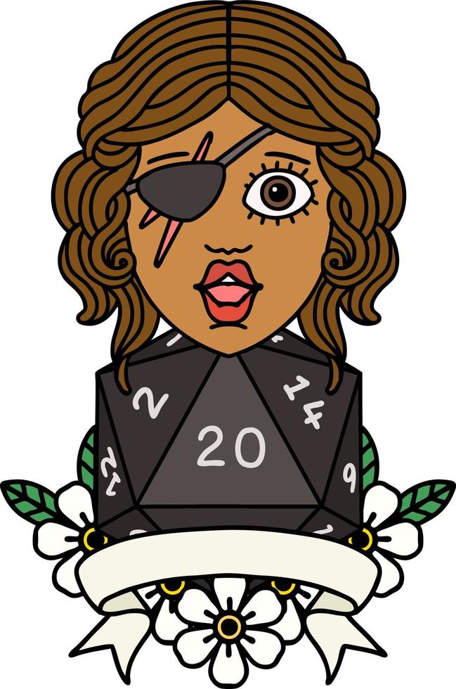 Retro Tattoo Style human rogue with natural 20 dice roll vector