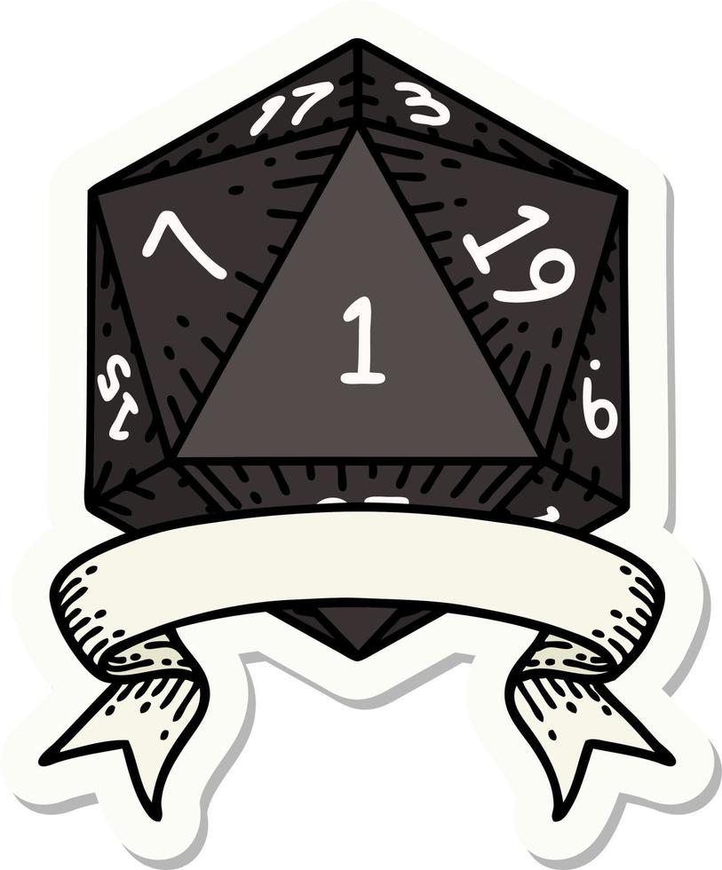 sticker of a natural one d20 dice roll vector