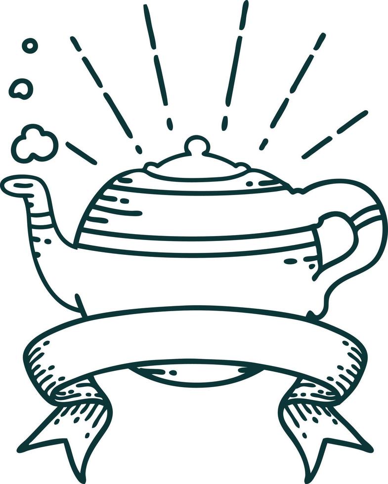 scroll banner with tattoo style steaming teapot vector