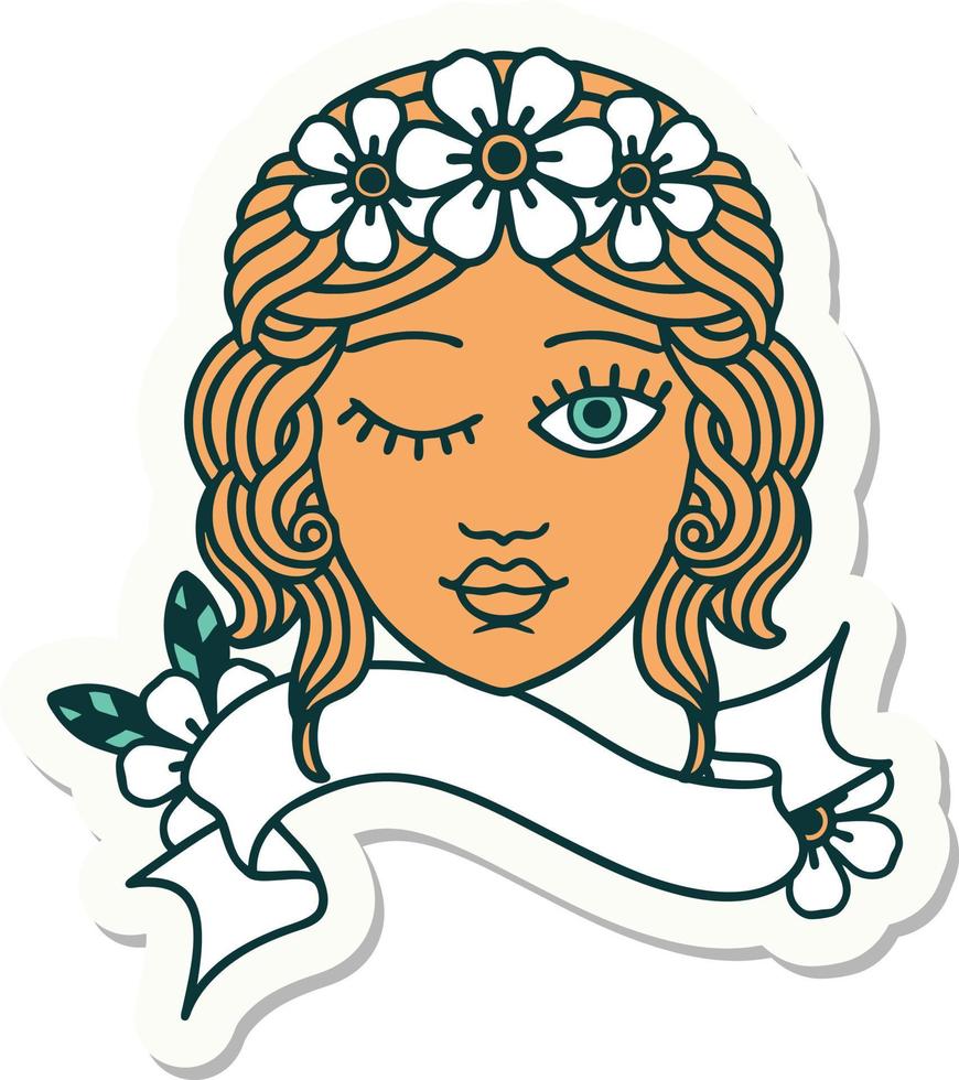 tattoo style sticker with banner of a maidens face winking vector