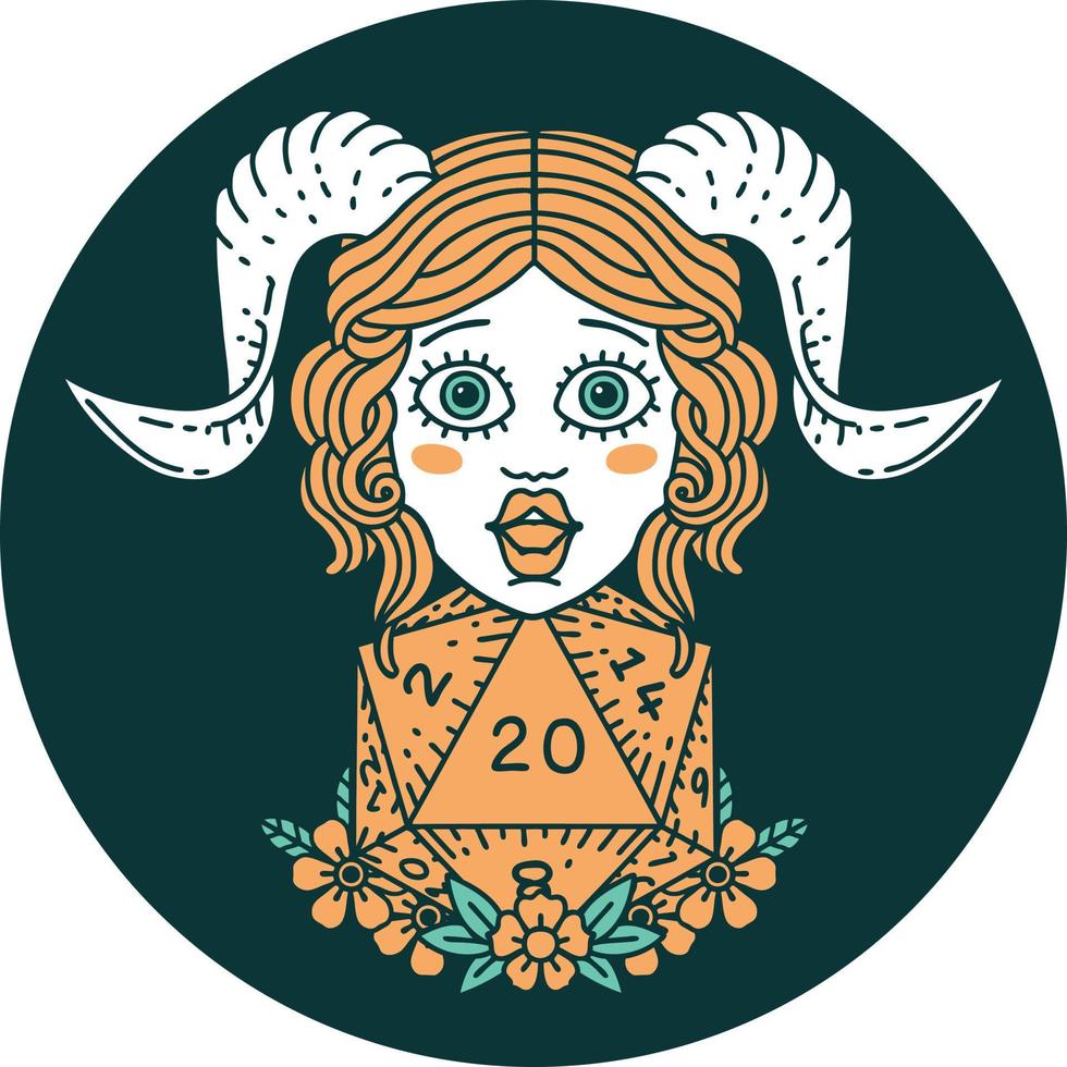 icon of tiefling with D20 natural twenty dice roll vector