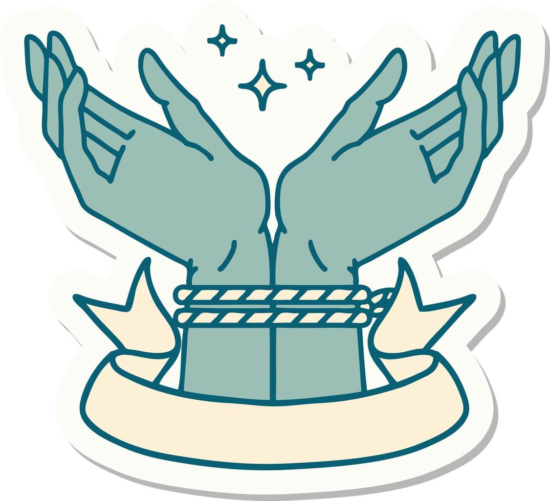 tattoo style sticker with banner of a pair of tied hands vector