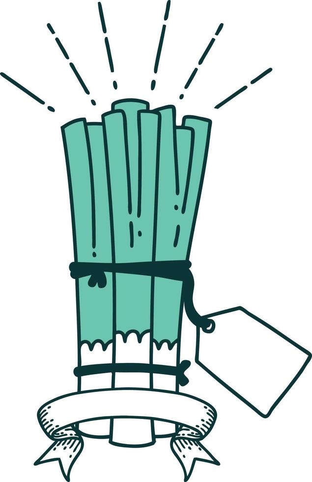 scroll banner with tattoo style bunch of leeks vector