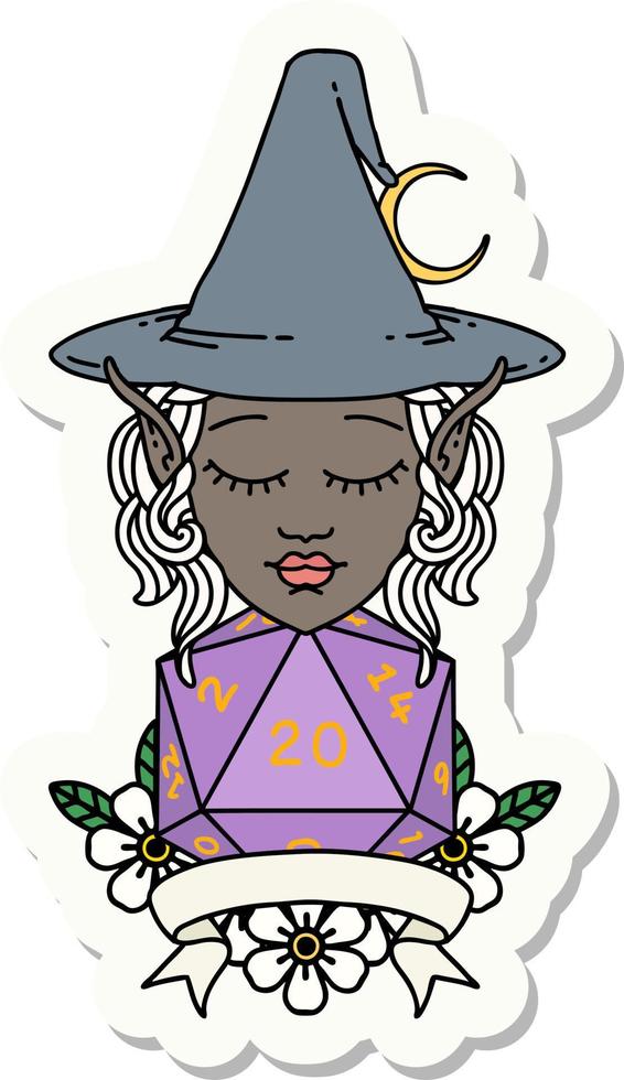 sticker of a elf mage character with natural twenty dice roll vector