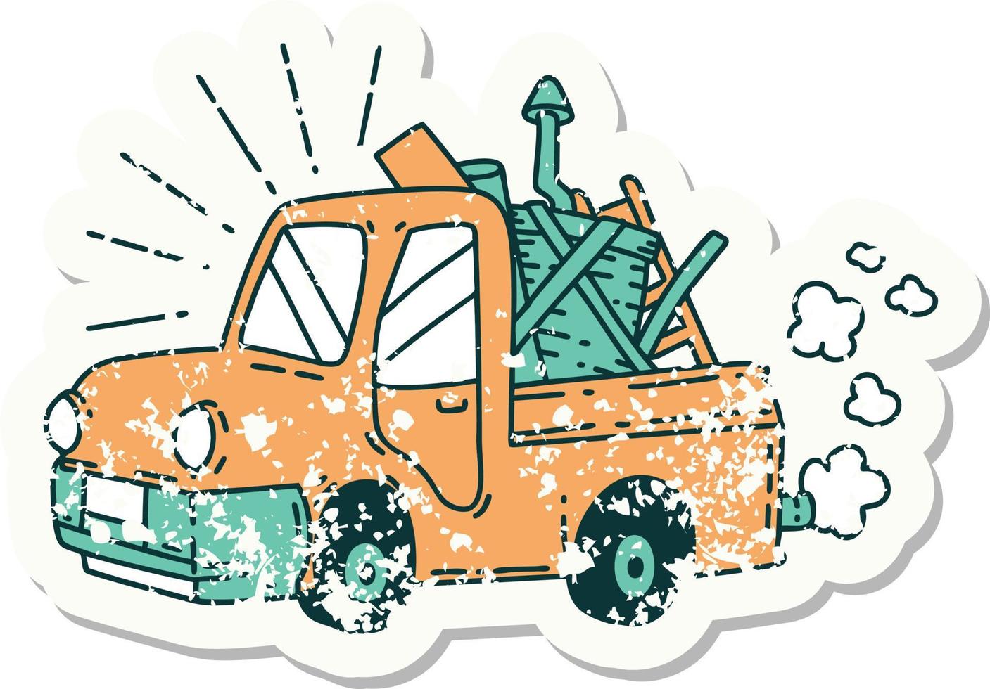 worn old sticker of a tattoo style truck carrying junk vector