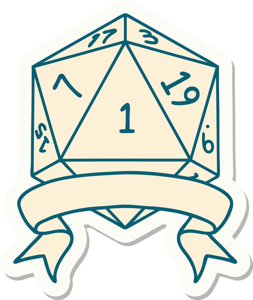 sticker of a natural one d20 dice roll vector