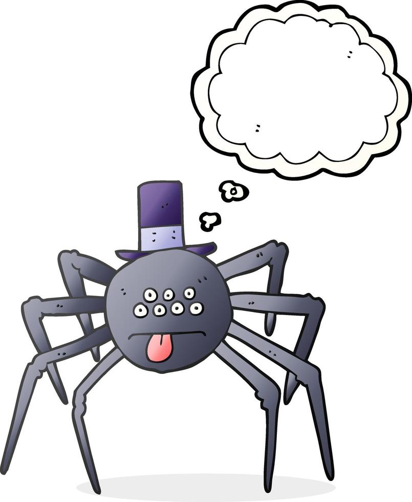 Burbuja de pensamiento dibujada a mano alzada cartoon araña de halloween en top hat vector