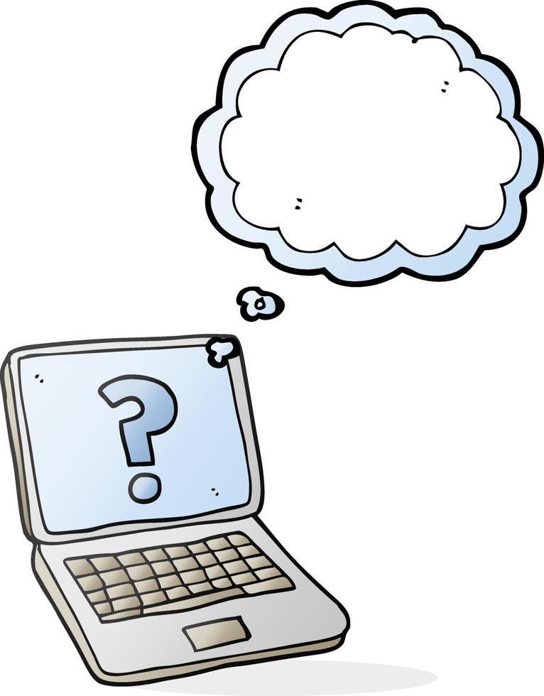 freehand drawn thought bubble cartoon laptop computer with question mark vector