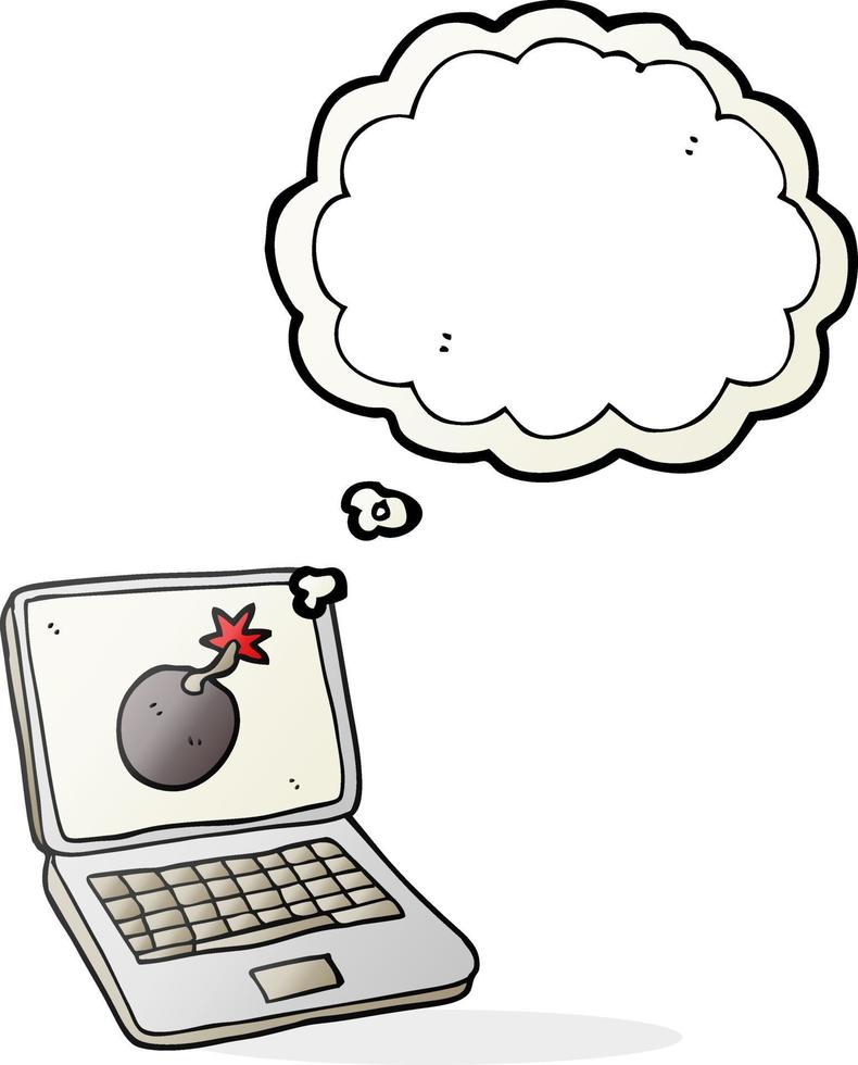 freehand drawn thought bubble cartoon laptop computer with error screen vector