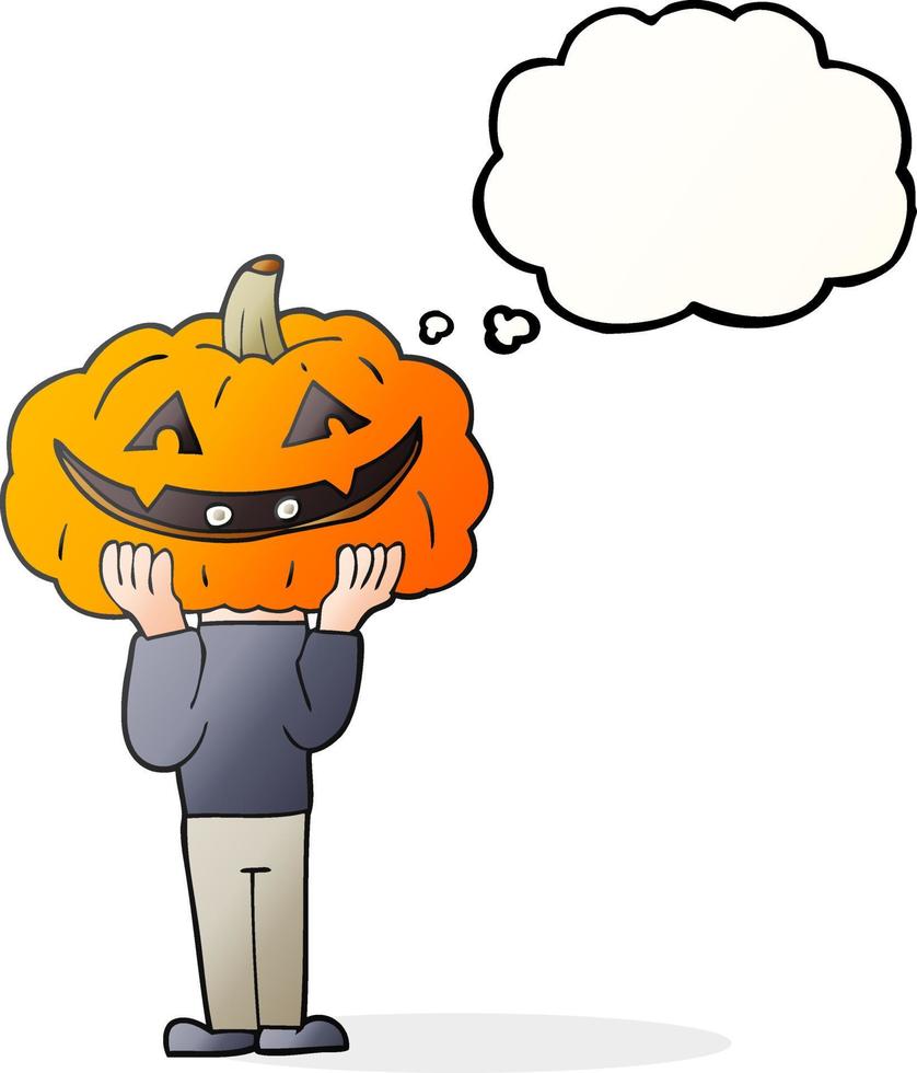 Burbuja de pensamiento dibujada a mano alzada cabeza de calabaza de dibujos animados disfraz de halloween vector