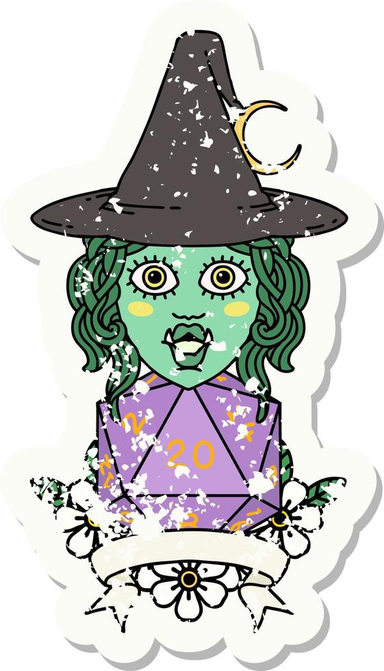 grunge sticker of a half orc witch character with natural 20 dice roll vector