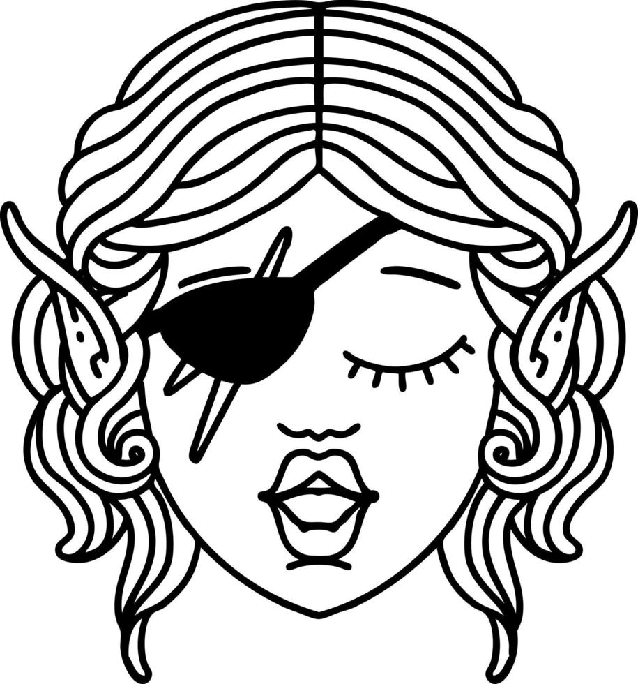 cara de personaje de pícaro duende de estilo de línea de tatuaje en blanco y negro vector
