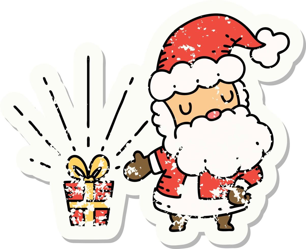 worn old sticker of a tattoo style santa claus christmas character vector