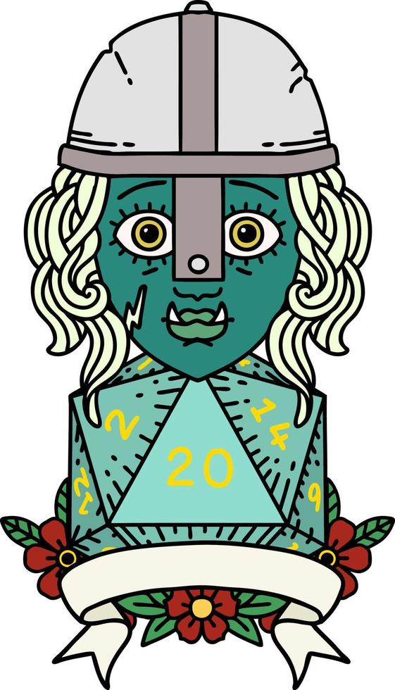 Retro Tattoo Style half orc fighter with natural twenty dice roll vector