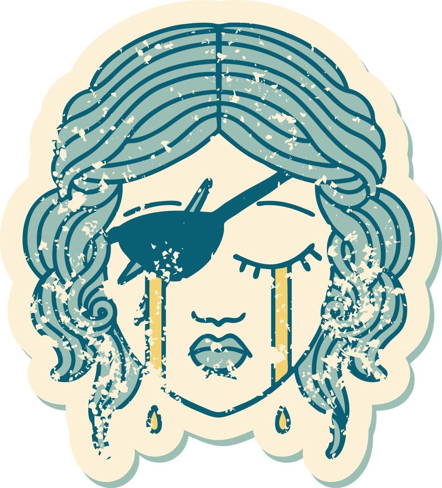 grunge sticker of a crying human rogue character vector