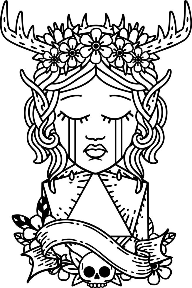 Black and White Tattoo linework Style crying elf druid character face with natural one D20 dice roll vector