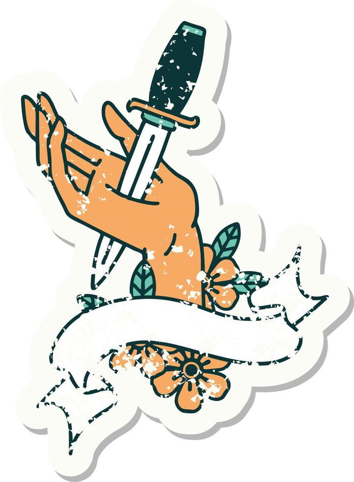 worn old sticker with banner of a dagger in the hand vector