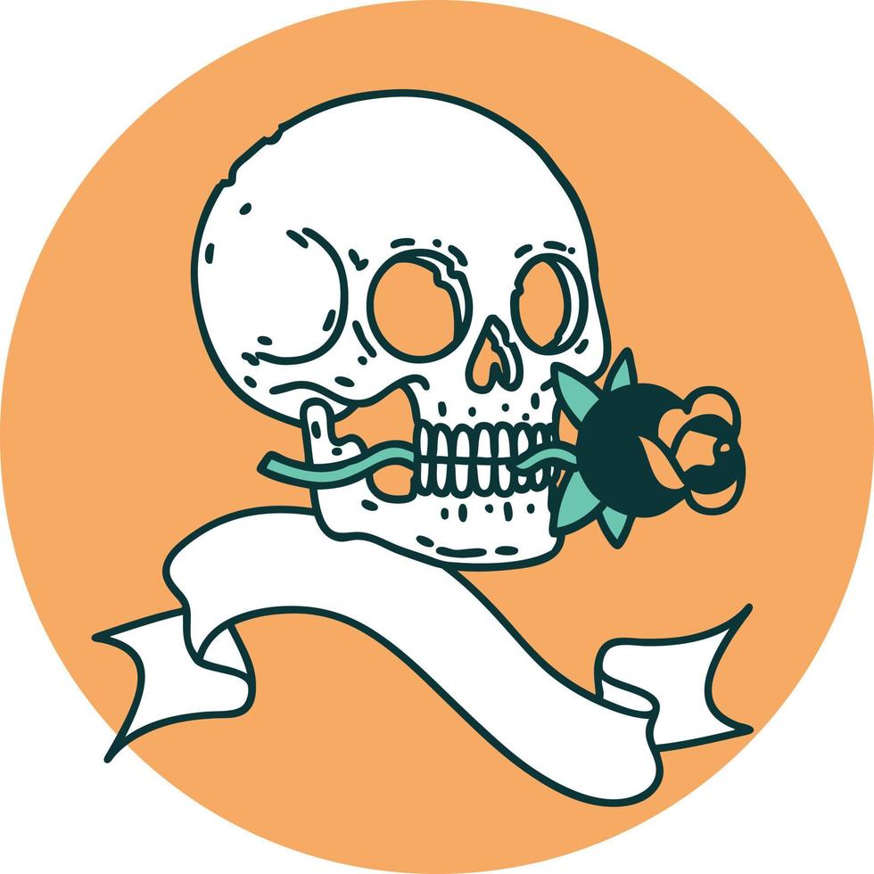 tattoo style icon with banner of a skull and rose vector