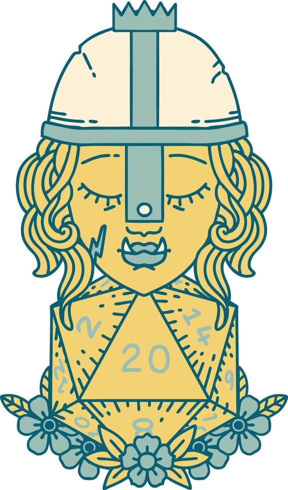 Retro Tattoo Style orc fighter character with natural twenty dice roll vector
