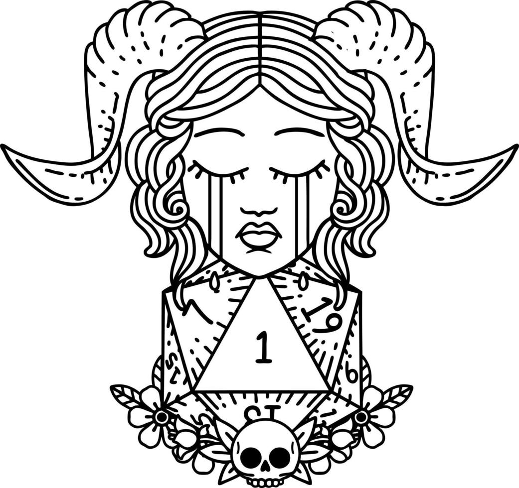 Black and White Tattoo linework Style sad tiefling with natural one d20 dice roll vector