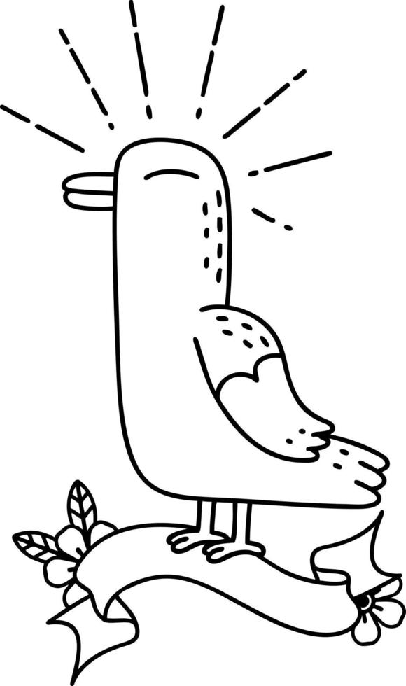 scroll banner with black line work tattoo style seagull bird vector