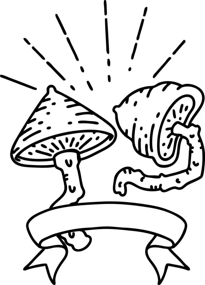 scroll banner with black line work tattoo style mushrooms vector