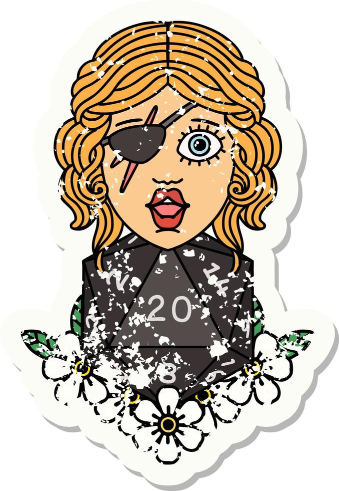 grunge sticker of a human rogue with natural twenty dice roll vector