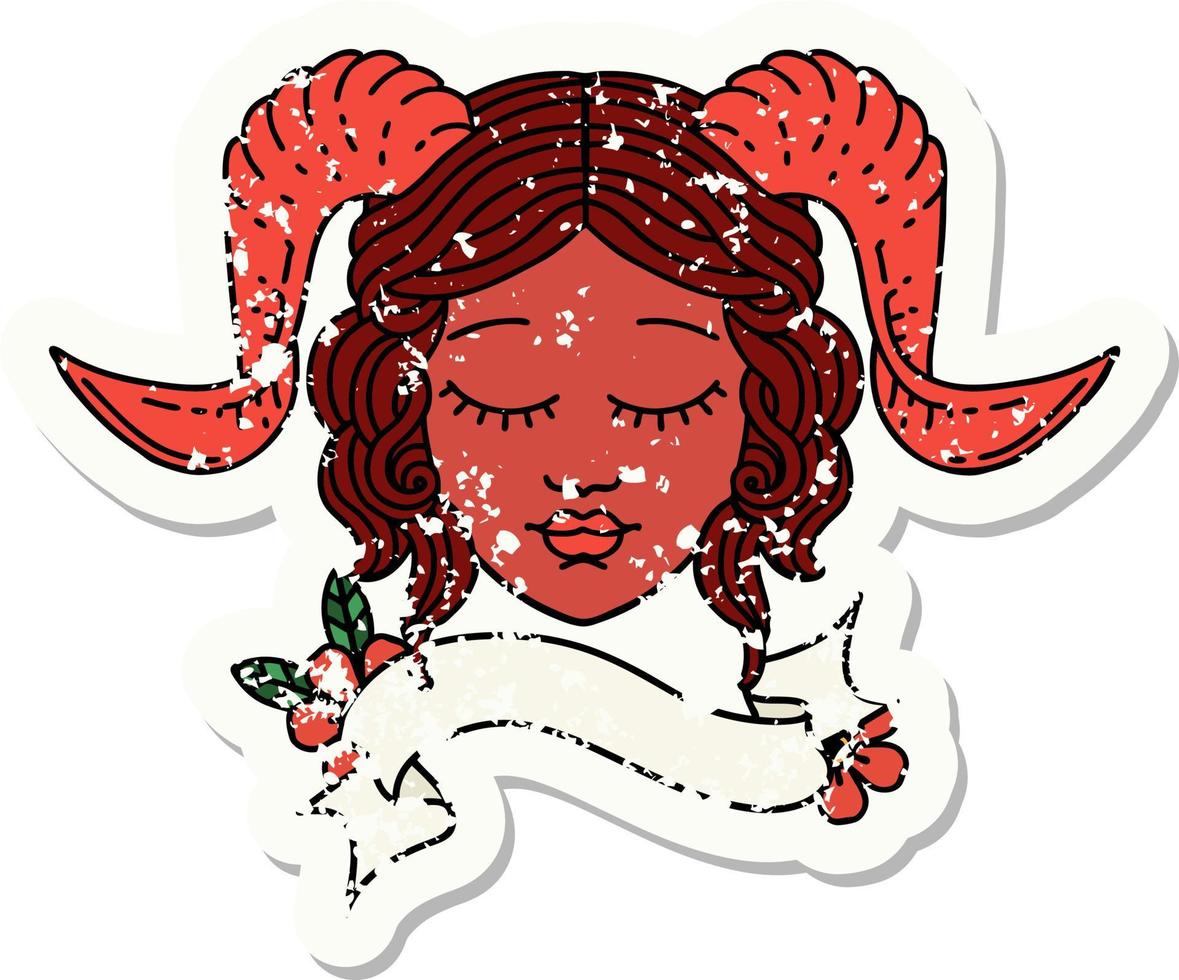 grunge sticker of a tiefling character face with scroll banner vector