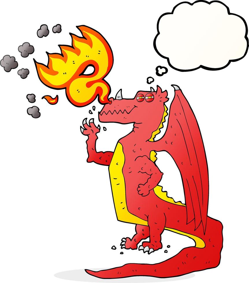 freehand drawn thought bubble cartoon happy dragon breathing fire vector