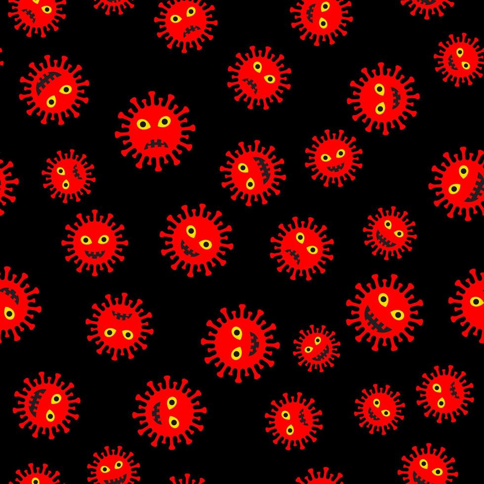 Corona Virus cartoon characters on black background seamless pattern. Pathogen respiratory coronavirus 2019-nCoV from Wuhan, China. Vector template for fabric, poster, banner, flyer, etc.