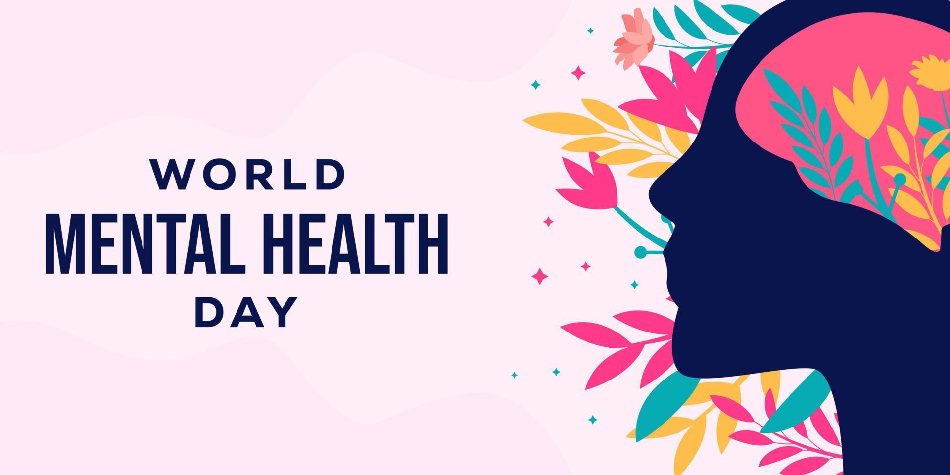 flat world mental health day banner illustration with person silhouette and floral vector