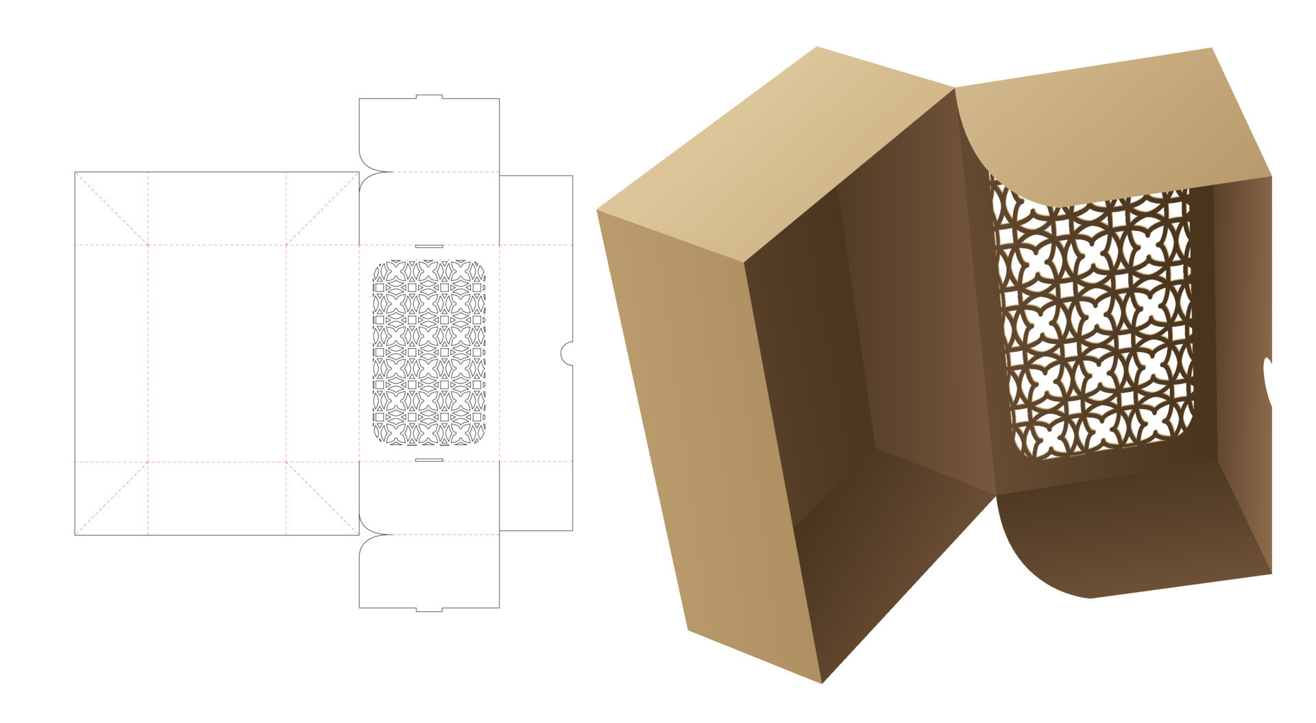 Cardboard folding box with stenciled luxury pattern die cut template Cardboard folding box with stenciled luxury pattern die cut template